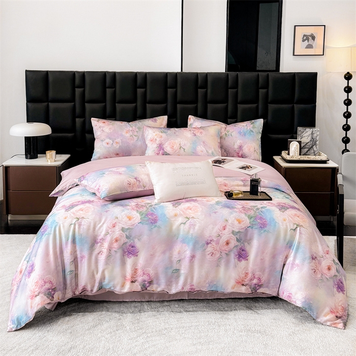 91家纺网 家纺一手货源 找家纺 绒棉世家 2026新款100%莱赛尔天丝面料数码印花四件套 粉红桃花