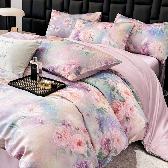 绒棉世家 2026新款100%莱赛尔天丝面料数码印花四件套 粉红桃花