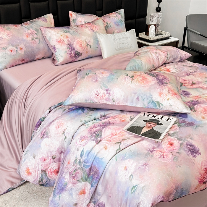 91家纺网 家纺一手货源 找家纺 绒棉世家 2026新款100%莱赛尔天丝面料数码印花四件套 粉红桃花