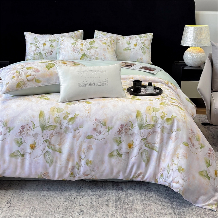 91家纺网 家纺一手货源 找家纺 绒棉世家 2026新款100%莱赛尔天丝面料数码印花四件套 花开富贵