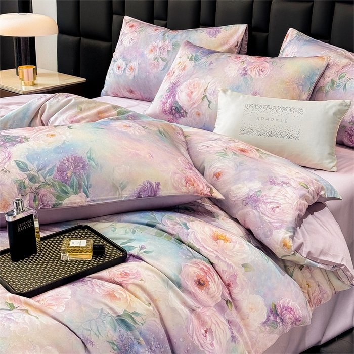 91家纺网 家纺一手货源 找家纺 绒棉世家 2026新款100%莱赛尔天丝面料数码印花四件套 粉红桃花