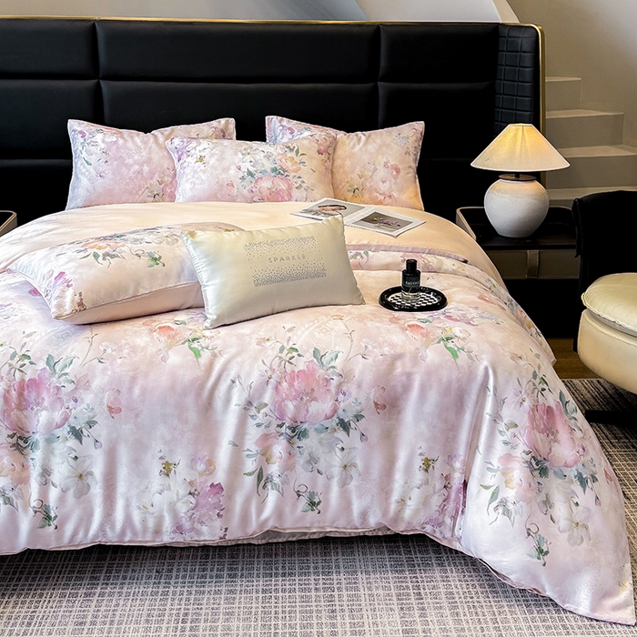 91家纺网 家纺一手货源 找家纺 绒棉世家 2026新款100%莱赛尔天丝面料数码印花四件套 桃花朵朵