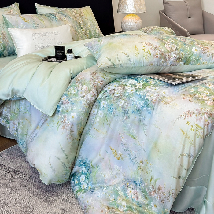 91家纺网 家纺一手货源 找家纺 绒棉世家 2026新款100%莱赛尔天丝面料数码印花四件套 花花世界