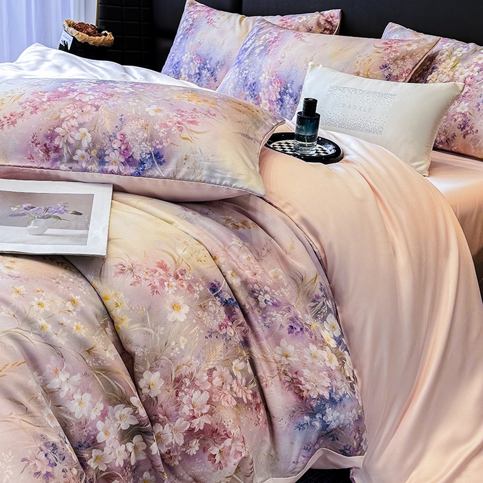 91家纺网 家纺一手货源 找家纺 绒棉世家 2026新款100%莱赛尔天丝面料数码印花四件套 紫花遍地