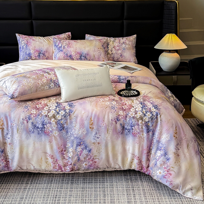 91家纺网 家纺一手货源 找家纺 绒棉世家 2026新款100%莱赛尔天丝面料数码印花四件套 紫花遍地