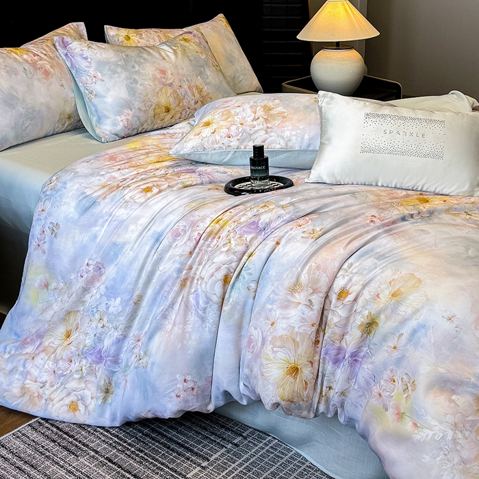 91家纺网 家纺一手货源 找家纺 绒棉世家 2026新款100%莱赛尔天丝面料数码印花四件套 蓝花遍地