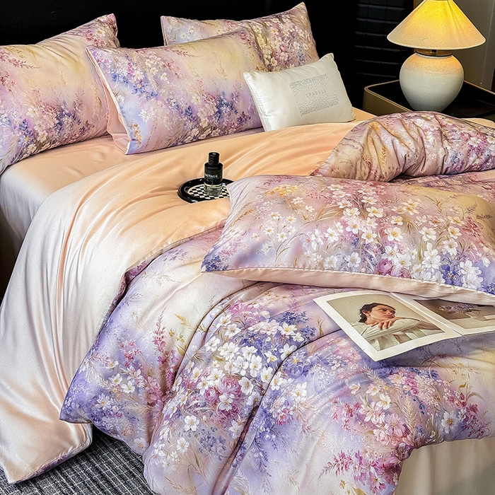 91家纺网 家纺一手货源 找家纺 绒棉世家 2026新款100%莱赛尔天丝面料数码印花四件套 紫花遍地