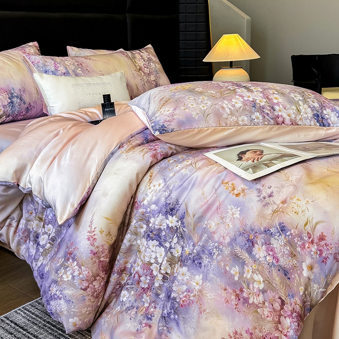 91家纺网 家纺一手货源 找家纺 绒棉世家 2026新款100%莱赛尔天丝面料数码印花四件套 紫花遍地