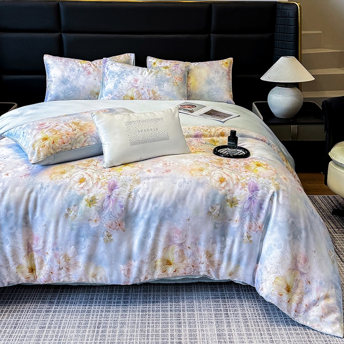 91家纺网 家纺一手货源 找家纺 绒棉世家 2026新款100%莱赛尔天丝面料数码印花四件套 蓝花遍地