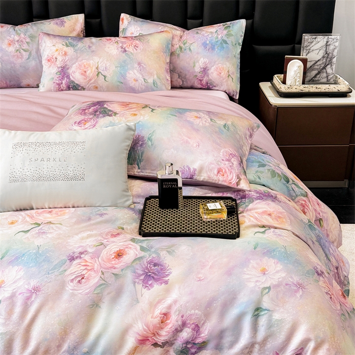 91家纺网 家纺一手货源 找家纺 绒棉世家 2026新款100%莱赛尔天丝面料数码印花四件套 粉红桃花