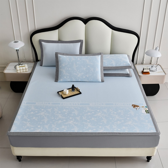 91家纺网 家纺一手货源 找家纺 小牛席业 2026新款半定位小提花小提花凉感冰丝席系列（床笠款）凉席藤席冰藤双面席冰丝席竹席凉席空调席草席三件 蓝色