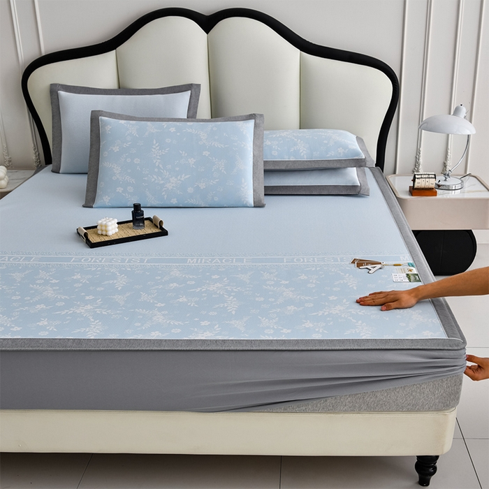 91家纺网 家纺一手货源 找家纺 小牛席业 2026新款半定位小提花小提花凉感冰丝席系列（床笠款）凉席藤席冰藤双面席冰丝席竹席凉席空调席草席三件 蓝色