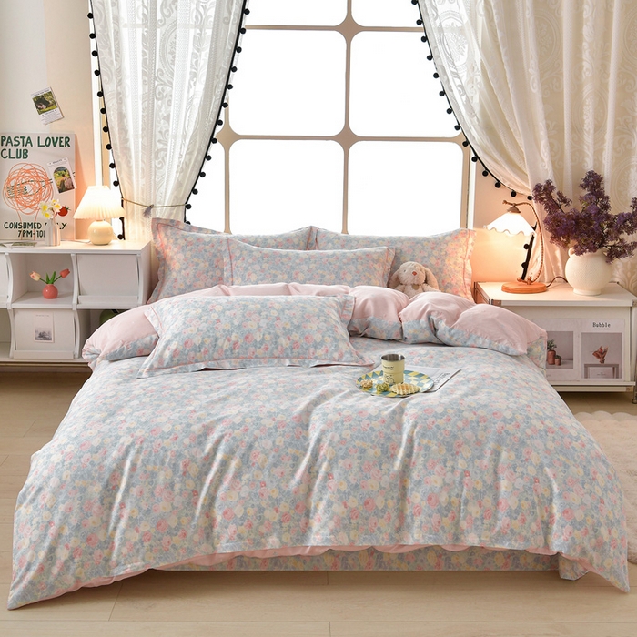 91家纺网 家纺一手货源 找家纺 绘萱家居 2026直播爆款一字绣吊边款纯棉100%全棉四件套印花百分百（喷气高品质） 岚花绪