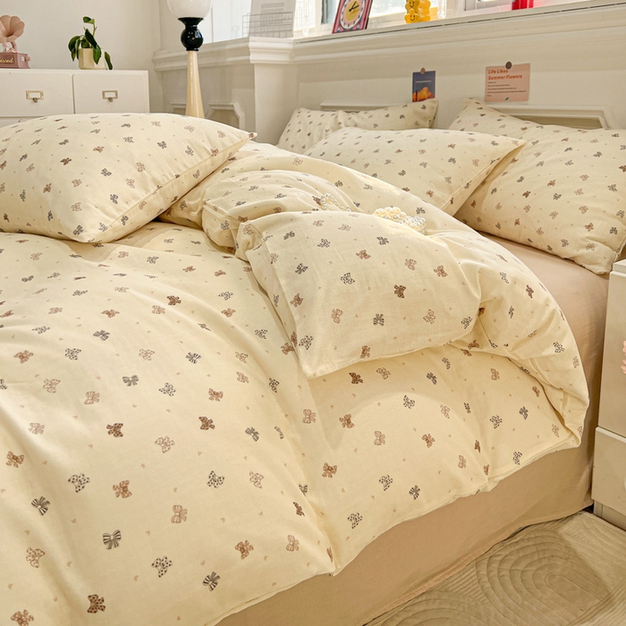 91家纺网 家纺一手货源 找家纺 亿梵家居 2025新款A类母婴级有氧全棉纯棉双层纱纯棉印花四件套-叠拍图蝴蝶结