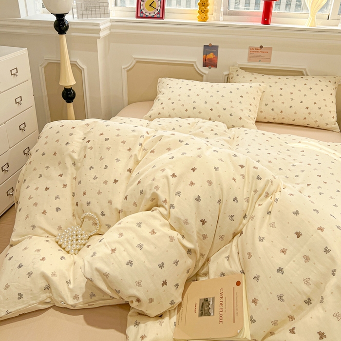 91家纺网 家纺一手货源 找家纺 亿梵家居 2025新款A类母婴级有氧全棉纯棉双层纱纯棉印花四件套-叠拍图蝴蝶结