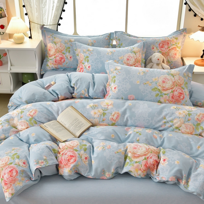 91家纺网 家纺一手货源 找家纺 绘萱家居 2026直播爆款一字绣吊边款纯棉100%全棉四件套印花百分百（喷气高品质） 蓝调花漾