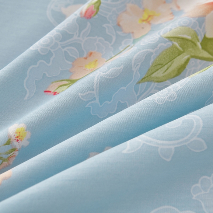 91家纺网 家纺一手货源 找家纺 绘萱家居 2026直播爆款一字绣吊边款纯棉100%全棉四件套印花百分百（喷气高品质） 蓝调花漾