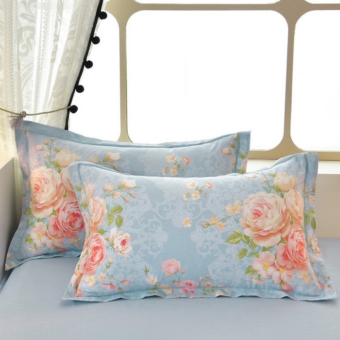 91家纺网 家纺一手货源 找家纺 绘萱家居 2026直播爆款一字绣吊边款纯棉100%全棉四件套印花百分百（喷气高品质） 蓝调花漾