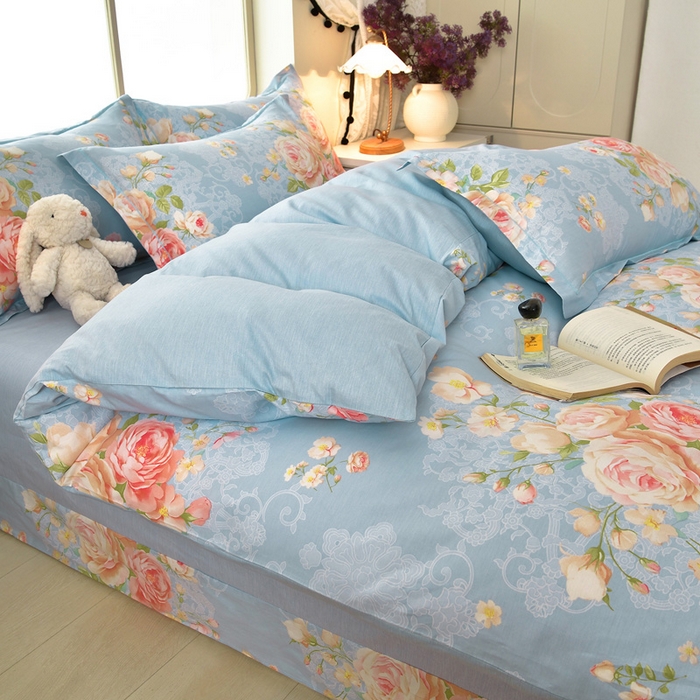 91家纺网 家纺一手货源 找家纺 绘萱家居 2026直播爆款一字绣吊边款纯棉100%全棉四件套印花百分百（喷气高品质） 蓝调花漾