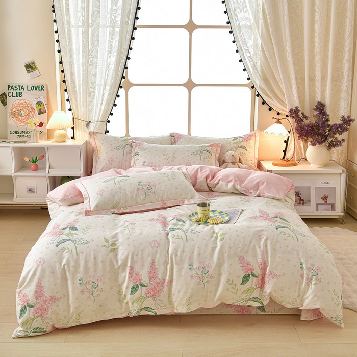 91家纺网 家纺一手货源 找家纺 绘萱家居 2026直播爆款一字绣吊边款纯棉100%全棉四件套印花百分百（喷气高品质） 浪漫花香