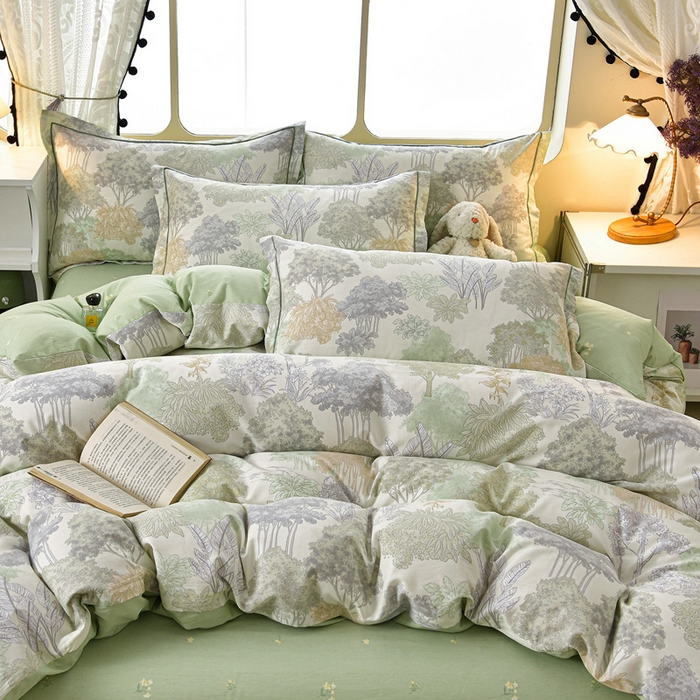 91家纺网 家纺一手货源 找家纺 绘萱家居 2026直播爆款一字绣吊边款纯棉100%全棉四件套印花百分百（喷气高品质） 绿叶森林