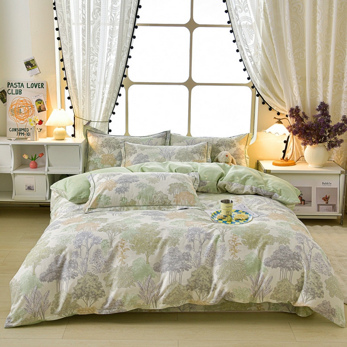 91家纺网 家纺一手货源 找家纺 绘萱家居 2026直播爆款一字绣吊边款纯棉100%全棉四件套印花百分百（喷气高品质） 绿叶森林
