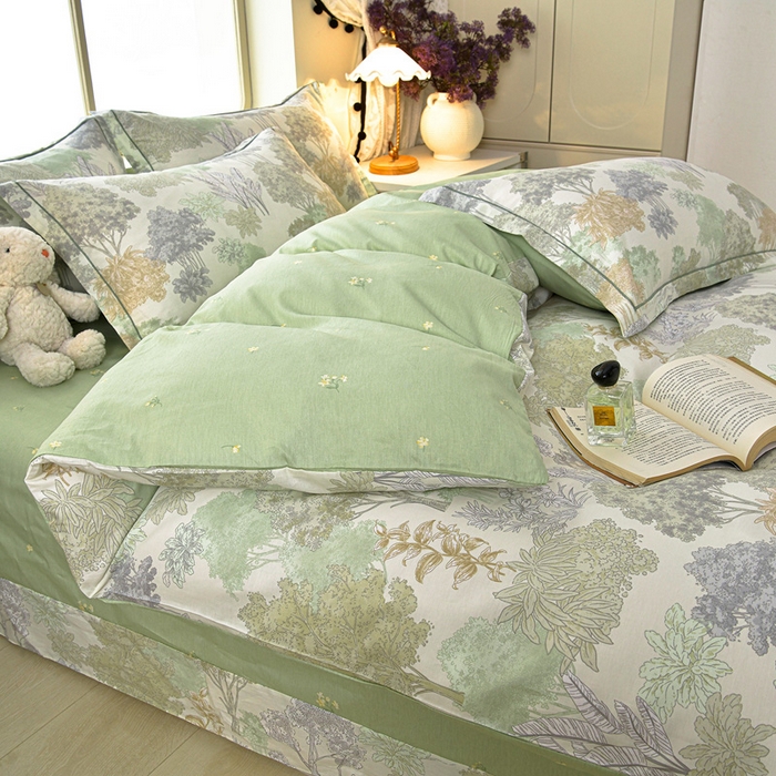 91家纺网 家纺一手货源 找家纺 绘萱家居 2026直播爆款一字绣吊边款纯棉100%全棉四件套印花百分百（喷气高品质） 绿叶森林