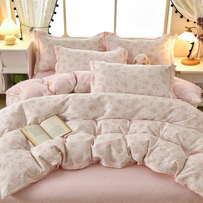 91家纺网 家纺一手货源 找家纺 绘萱家居 2026直播爆款一字绣吊边款纯棉100%全棉四件套印花百分百（喷气高品质） 觅觅花园-粉