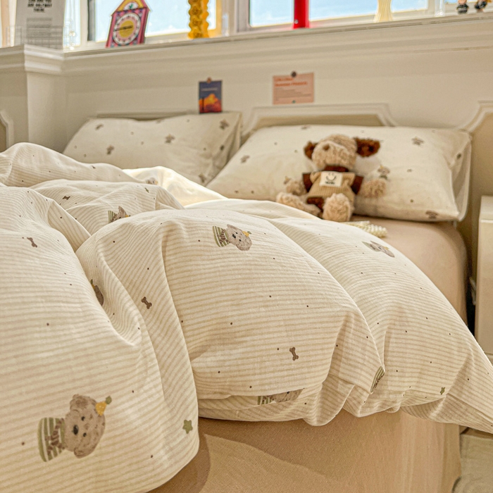 91家纺网 家纺一手货源 找家纺 亿梵家居 2025新款A类母婴级有氧全棉纯棉双层纱纯棉印花四件套-叠拍图柯基