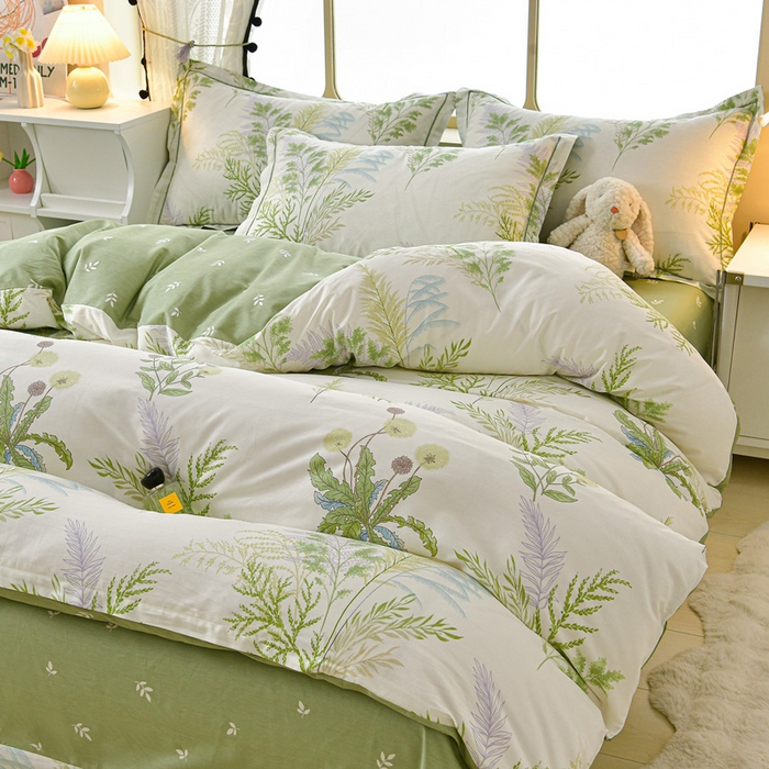 91家纺网 家纺一手货源 找家纺 绘萱家居 2026直播爆款一字绣吊边款纯棉100%全棉四件套印花百分百（喷气高品质） 青禾仙草