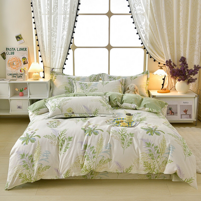 91家纺网 家纺一手货源 找家纺 绘萱家居 2026直播爆款一字绣吊边款纯棉100%全棉四件套印花百分百（喷气高品质） 青禾仙草