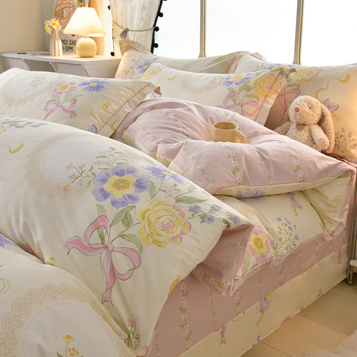 绘萱家居 2026直播爆款一字绣吊边款纯棉100%全棉四件套印花百分百（喷气高品质） 柔粉蜜语