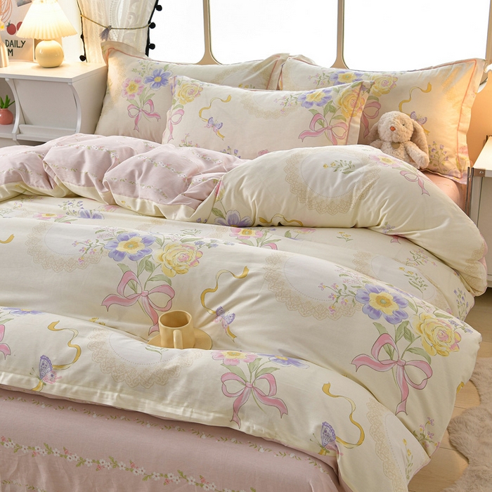 91家纺网 家纺一手货源 找家纺 绘萱家居 2026直播爆款一字绣吊边款纯棉100%全棉四件套印花百分百（喷气高品质） 柔粉蜜语