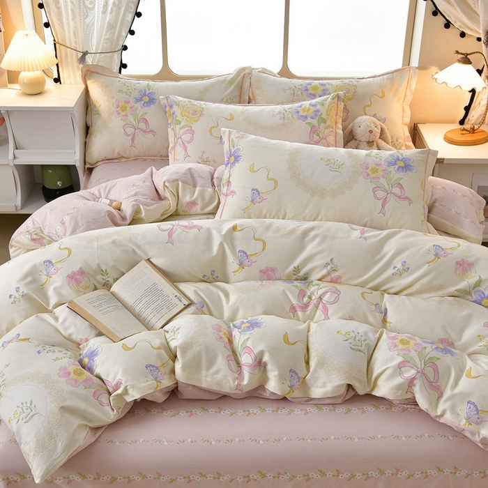 91家纺网 家纺一手货源 找家纺 绘萱家居 2026直播爆款一字绣吊边款纯棉100%全棉四件套印花百分百（喷气高品质） 柔粉蜜语