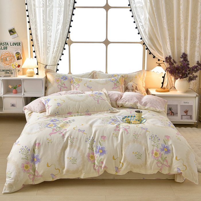 91家纺网 家纺一手货源 找家纺 绘萱家居 2026直播爆款一字绣吊边款纯棉100%全棉四件套印花百分百（喷气高品质） 柔粉蜜语