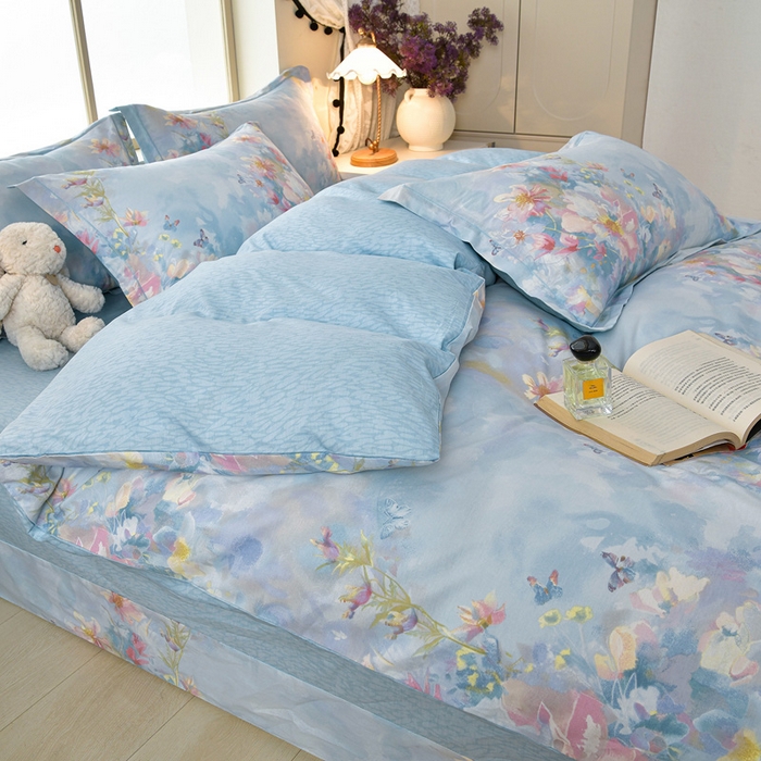 91家纺网 家纺一手货源 找家纺 绘萱家居 2026直播爆款一字绣吊边款纯棉100%全棉四件套印花百分百（喷气高品质） 水彩花境