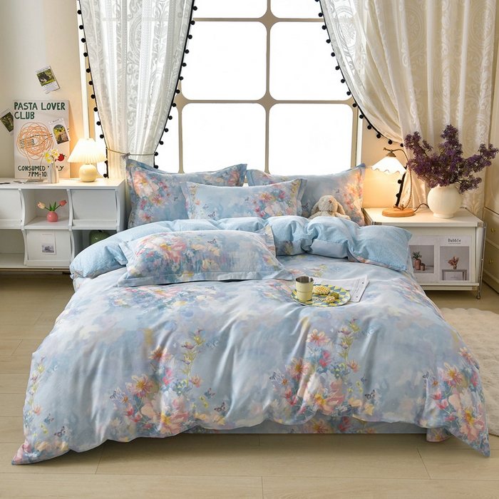 91家纺网 家纺一手货源 找家纺 绘萱家居 2026直播爆款一字绣吊边款纯棉100%全棉四件套印花百分百（喷气高品质） 水彩花境