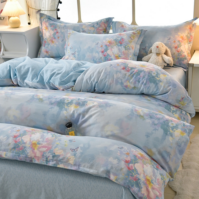 91家纺网 家纺一手货源 找家纺 绘萱家居 2026直播爆款一字绣吊边款纯棉100%全棉四件套印花百分百（喷气高品质） 水彩花境