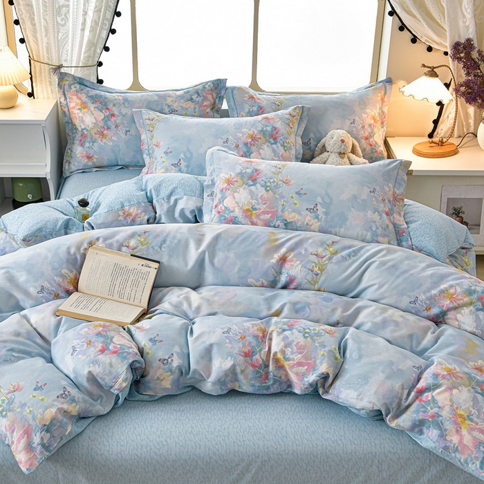 91家纺网 家纺一手货源 找家纺 绘萱家居 2026直播爆款一字绣吊边款纯棉100%全棉四件套印花百分百（喷气高品质） 水彩花境