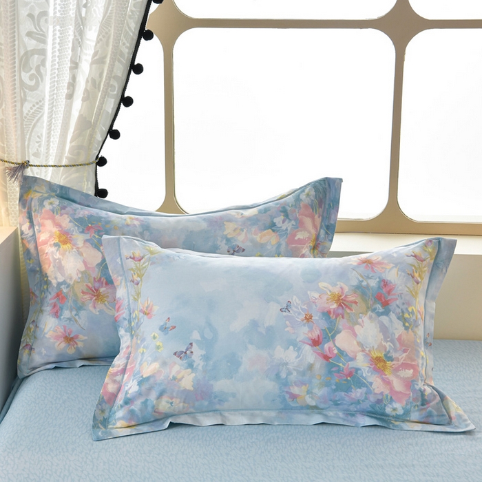 91家纺网 家纺一手货源 找家纺 绘萱家居 2026直播爆款一字绣吊边款纯棉100%全棉四件套印花百分百（喷气高品质） 水彩花境