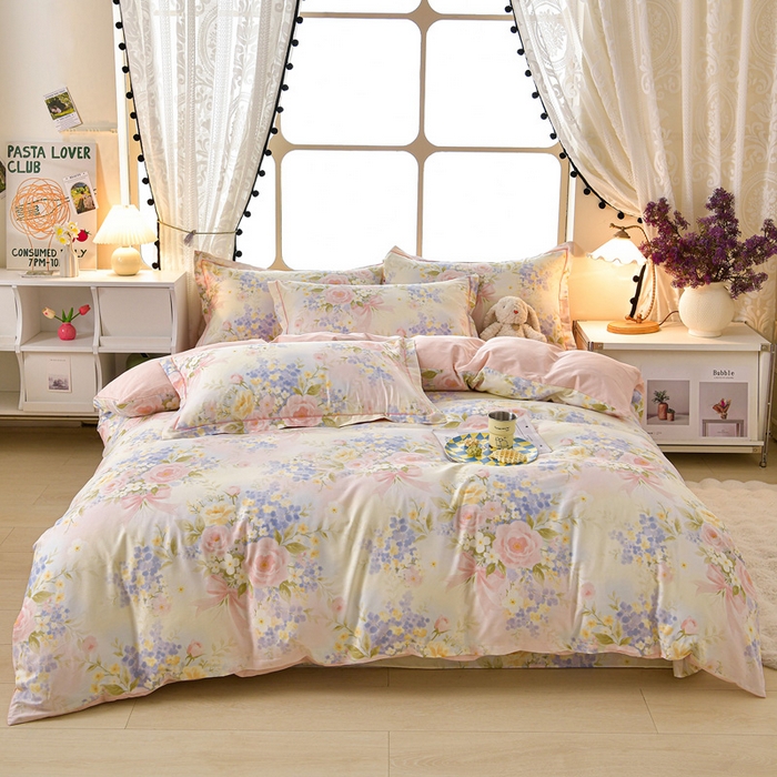 91家纺网 家纺一手货源 找家纺 绘萱家居 2026直播爆款一字绣吊边款纯棉100%全棉四件套印花百分百（喷气高品质） 水墨嫣然