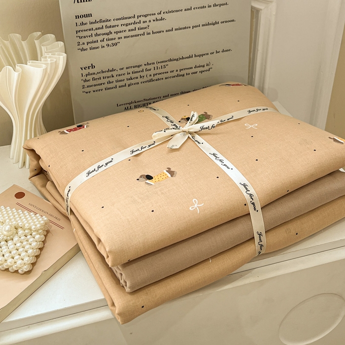 亿梵家居 2025新款A类母婴级有氧全棉纯棉双层纱纯棉印花四件套-叠拍图腊肠狗-咖