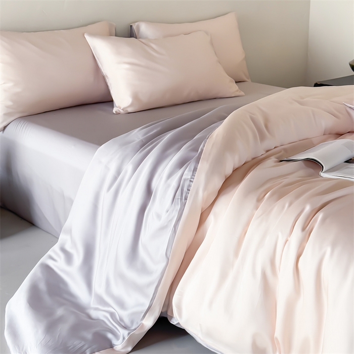 91家纺网 家纺一手货源 找家纺 绒棉世家 2026新款天丝面料纯色100%莱赛尔天丝面料四件套 粉玉+浅灰