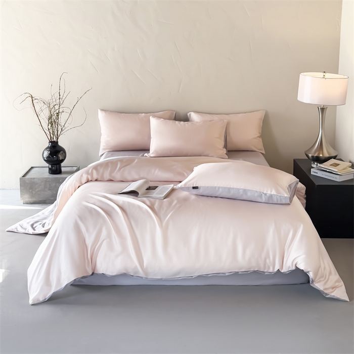 91家纺网 家纺一手货源 找家纺 绒棉世家 2026新款天丝面料纯色100%莱赛尔天丝面料四件套 粉玉+浅灰