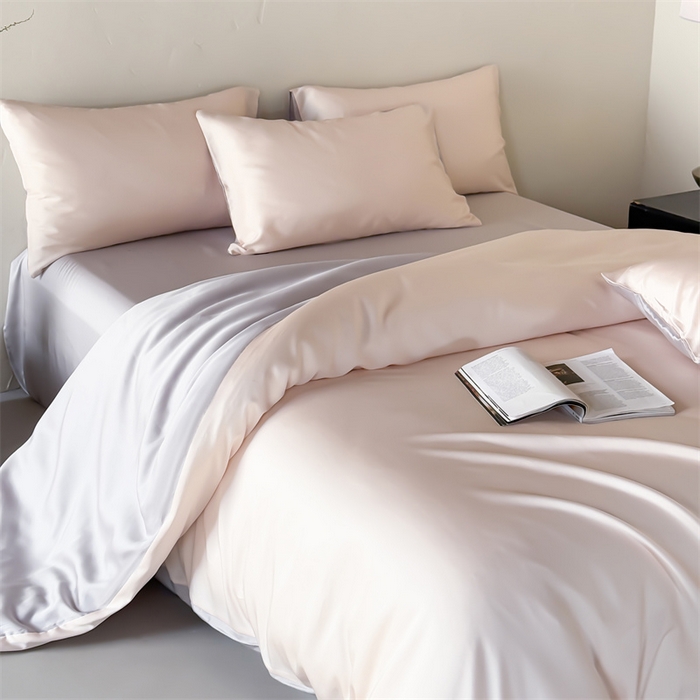 91家纺网 家纺一手货源 找家纺 绒棉世家 2026新款天丝面料纯色100%莱赛尔天丝面料四件套 粉玉+浅灰