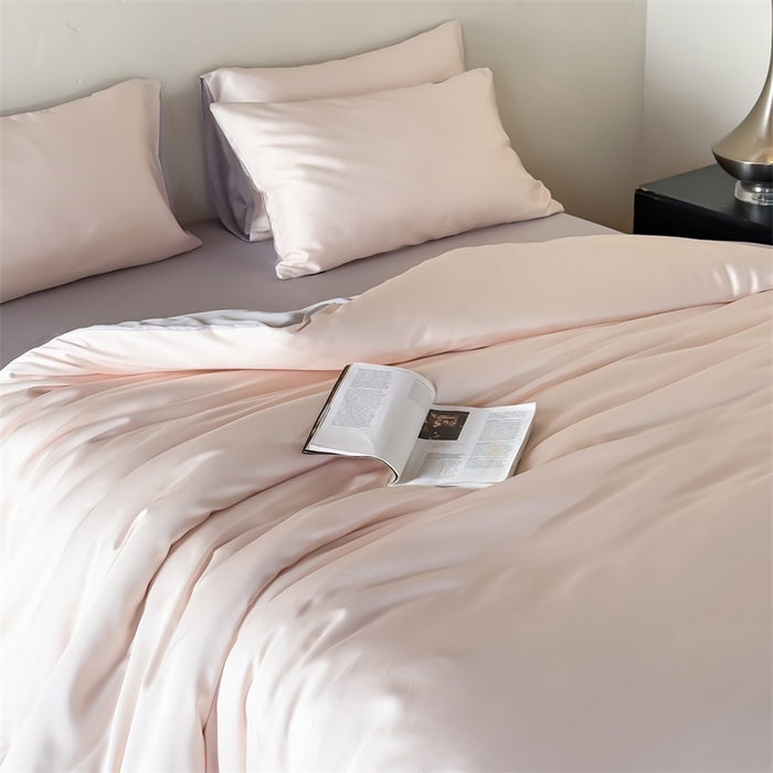 91家纺网 家纺一手货源 找家纺 绒棉世家 2026新款天丝面料纯色100%莱赛尔天丝面料四件套 粉玉+浅灰