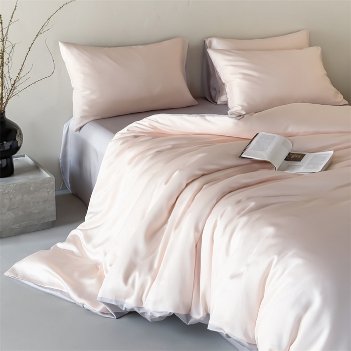 91家纺网 家纺一手货源 找家纺 绒棉世家 2026新款天丝面料纯色100%莱赛尔天丝面料四件套 粉玉+浅灰