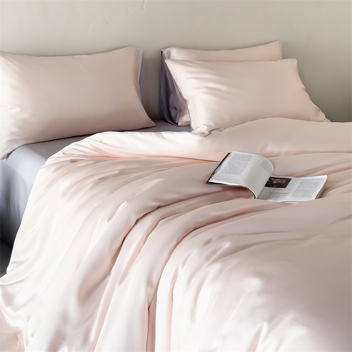 91家纺网 家纺一手货源 找家纺 绒棉世家 2026新款天丝面料纯色100%莱赛尔天丝面料四件套 粉玉+浅灰