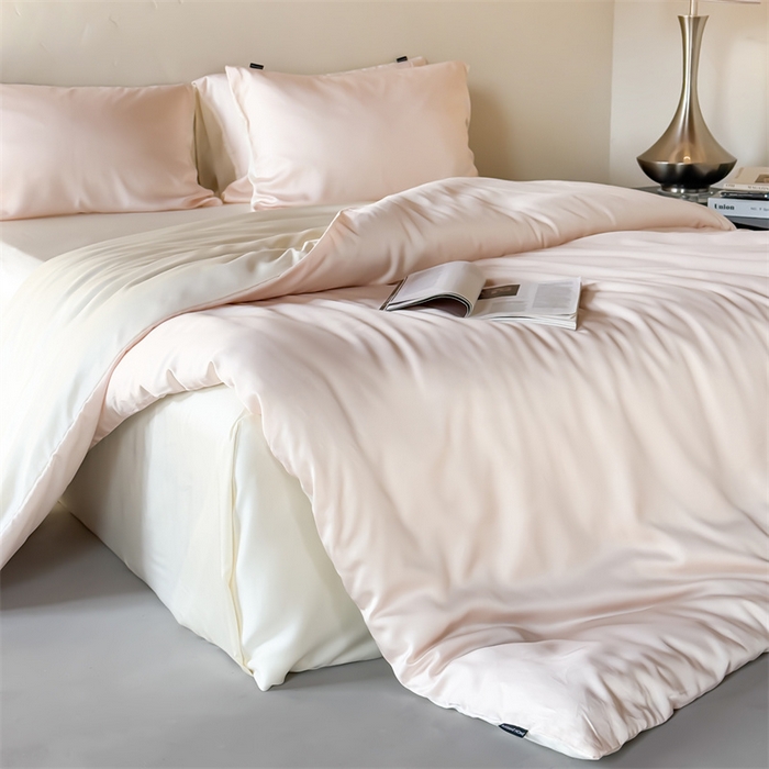 91家纺网 家纺一手货源 找家纺 绒棉世家 2026新款天丝面料纯色100%莱赛尔天丝面料四件套 粉玉+奶白