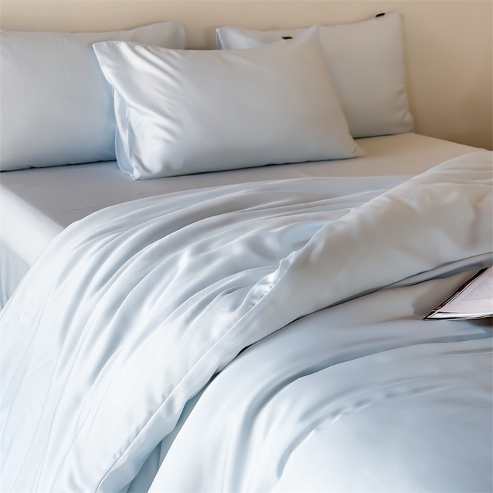 91家纺网 家纺一手货源 找家纺 绒棉世家 2026新款天丝面料纯色100%莱赛尔天丝面料四件套 水波蓝+浅灰